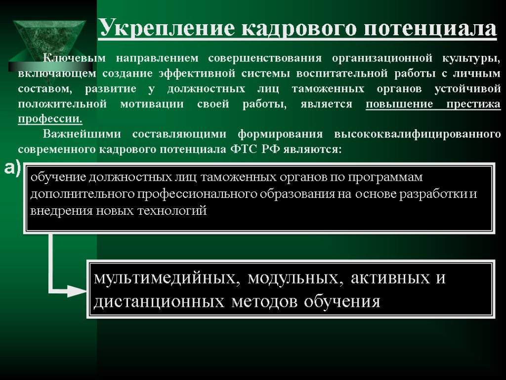 Укрепление кадрового потенциала Ключевым направлением совершенствования организационной культуры, включающем создание эффективной системы воспитательной работы